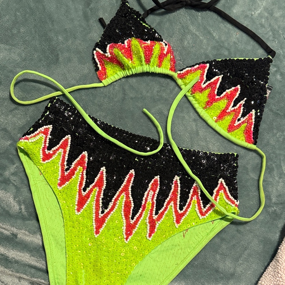 Neon Lime High-Waist Sequin Shorts — Flame Accent